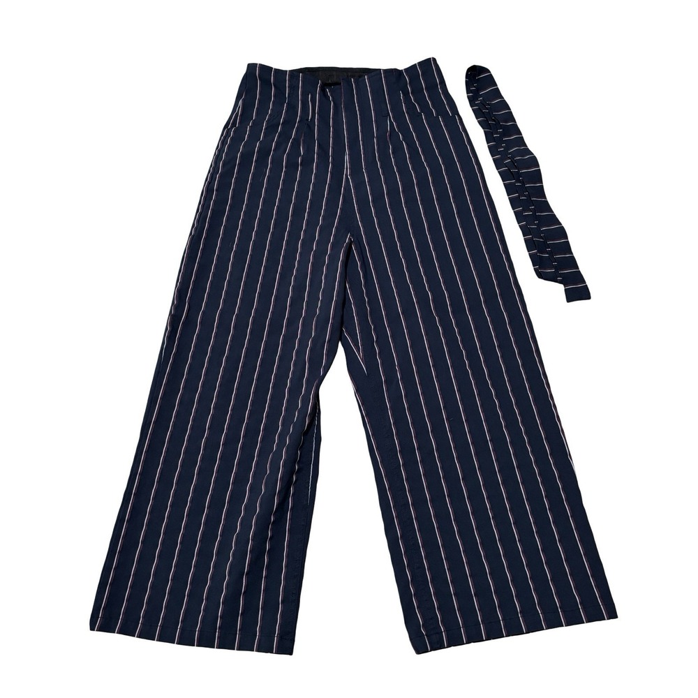 LEITH Women's Blue Striped High Waist Wide Leg Pants W/ Belt Size Medium 28x23